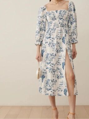 Reformation Blue White Floral Smocked Square-Neck Midi Dress Size Small Linen